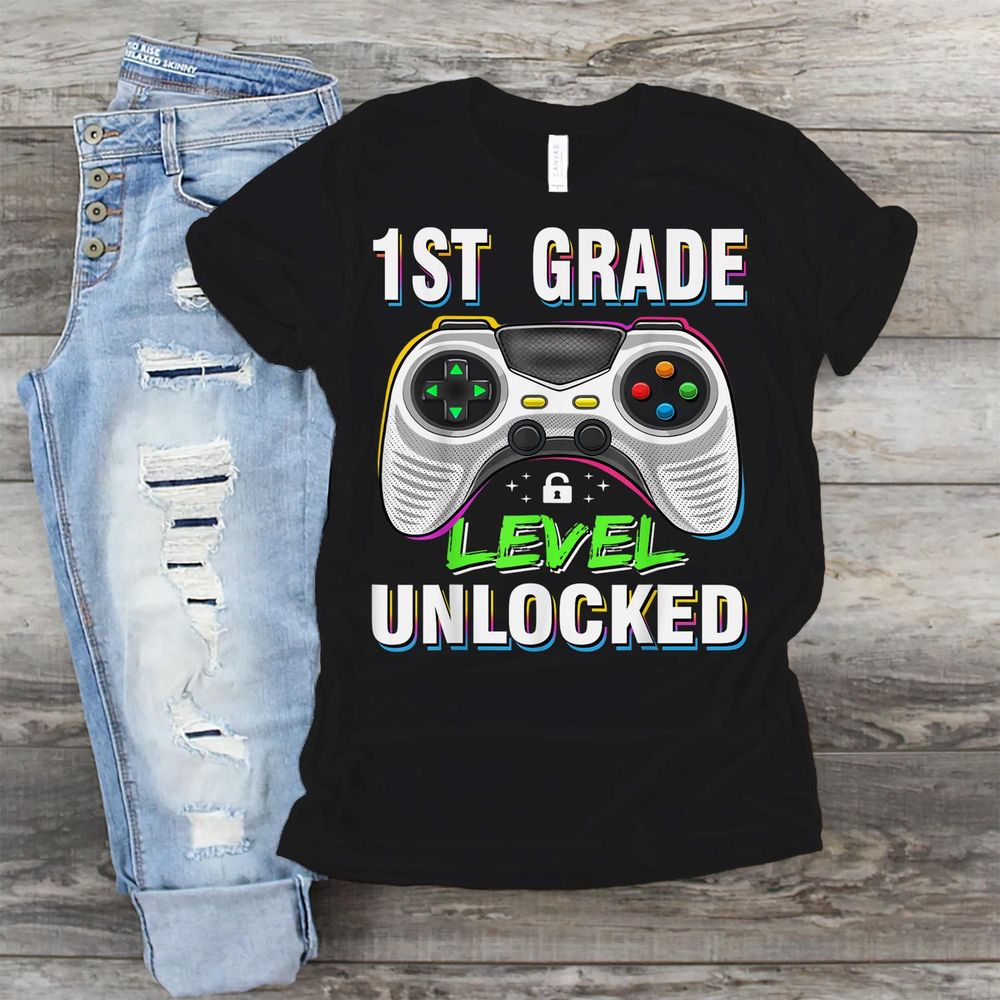 1st Grade Level Unlocked Gamer First Day Of School Boys Shirt Unisex Standard T-Shirt black s